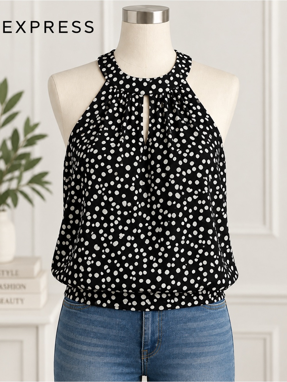 Express Black White Polka Dot Halter Tie Back Blouse Size Small
